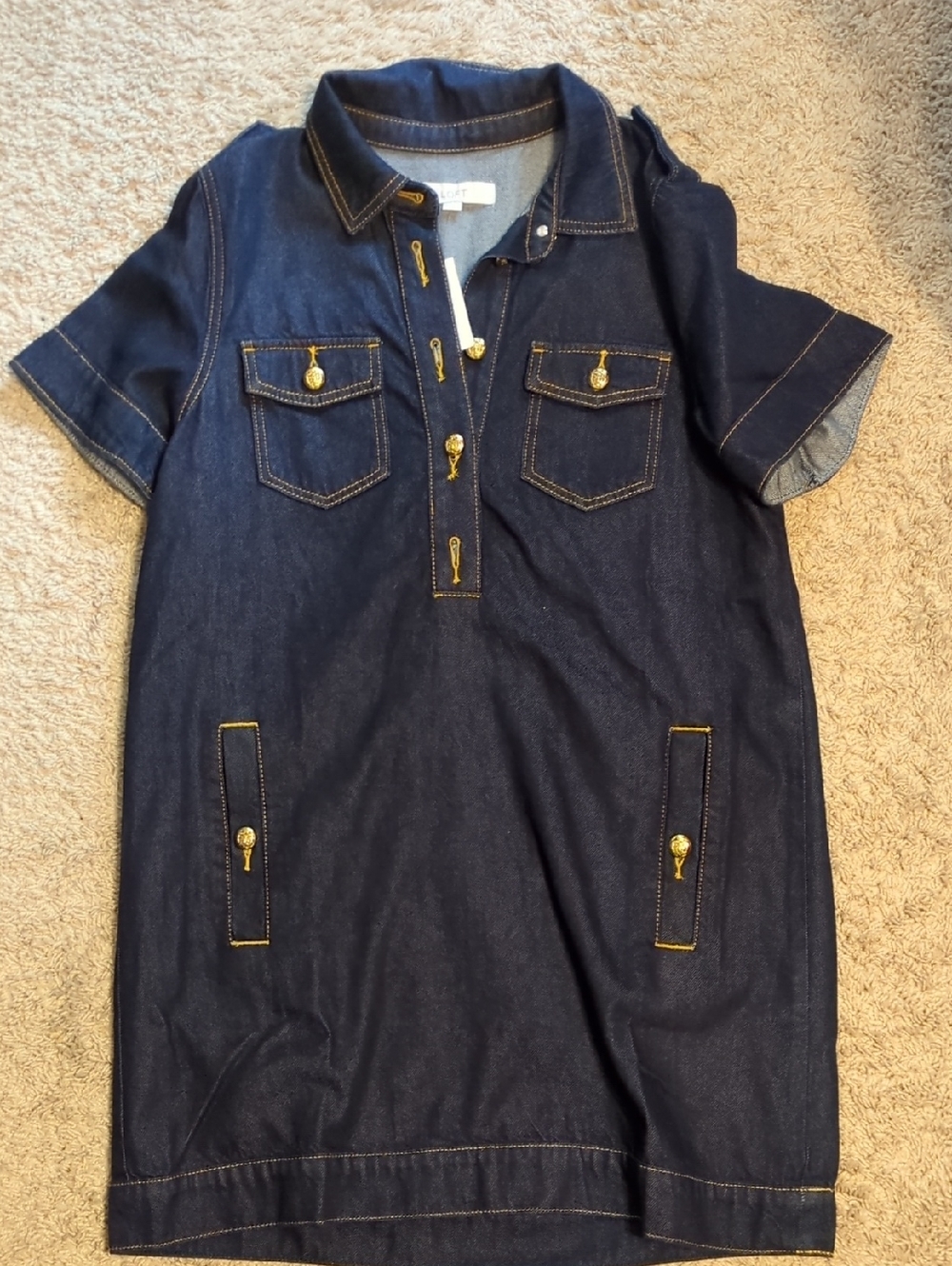 LOFT Dark Blue Denim Polo Dress with Yellow Contrast Stitching